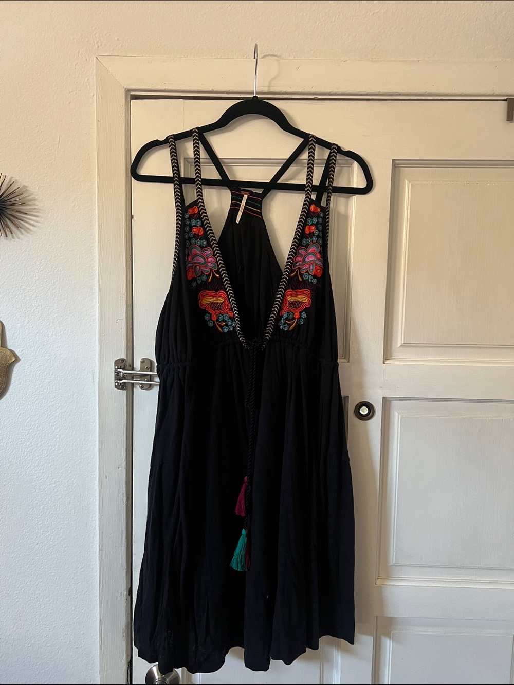 Free People Black Embroidered Tank Dress with Colorful Tassels
